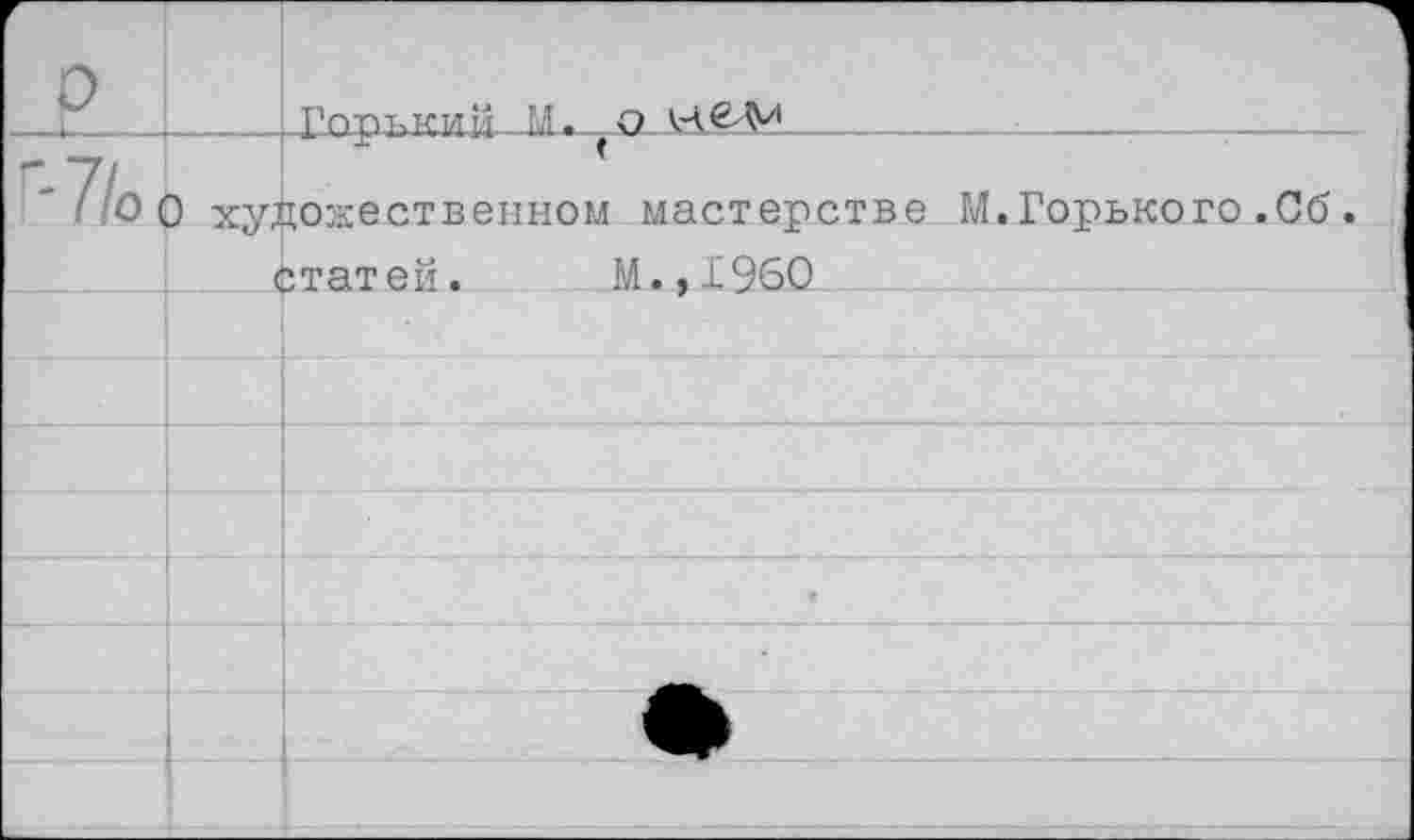 ﻿р		Гп-п-ккий	М. О НбЛ'1
г-7/о.	- X-	-	с ) художественном мастерстве М.Горького.06. Статей.	М..1960	
		
		
		
		
		♦
		
		•
		